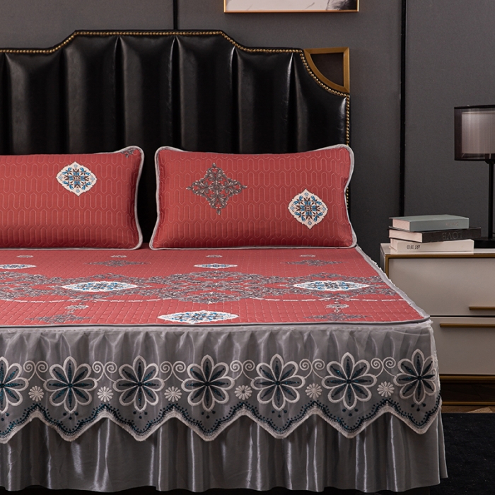 91家纺网 家纺一手货源 找家纺 纽缦家纺 2021新款凉感丝乳胶凉席可拆卸床裙款三件套 夏日恋情-铁红