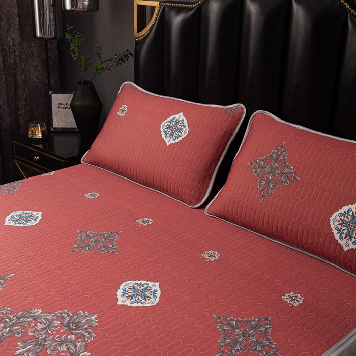 91家纺网 家纺一手货源 找家纺 纽缦家纺 2021新款凉感丝乳胶凉席可拆卸床裙款三件套 夏日恋情-铁红