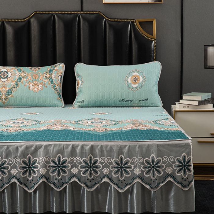 91家纺网 家纺一手货源 找家纺 纽缦家纺 2021新款凉感丝乳胶凉席可拆卸床裙款三件套 香榭之花绿