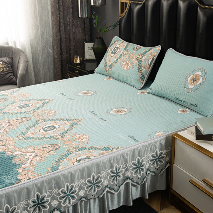 91家纺网 家纺一手货源 找家纺 纽缦家纺 2021新款凉感丝乳胶凉席可拆卸床裙款三件套 香榭之花绿