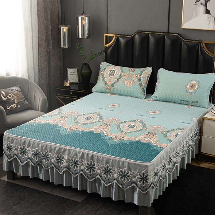 91家纺网 家纺一手货源 找家纺 纽缦家纺 2021新款凉感丝乳胶凉席可拆卸床裙款三件套 香榭之花绿