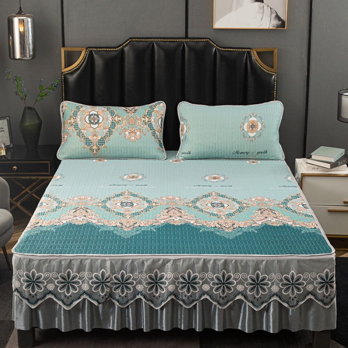 91家纺网 家纺一手货源 找家纺 纽缦家纺 2021新款凉感丝乳胶凉席可拆卸床裙款三件套 香榭之花绿