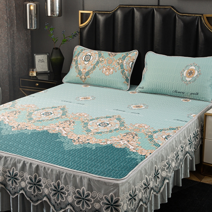 91家纺网 家纺一手货源 找家纺 纽缦家纺 2021新款凉感丝乳胶凉席可拆卸床裙款三件套 香榭之花绿