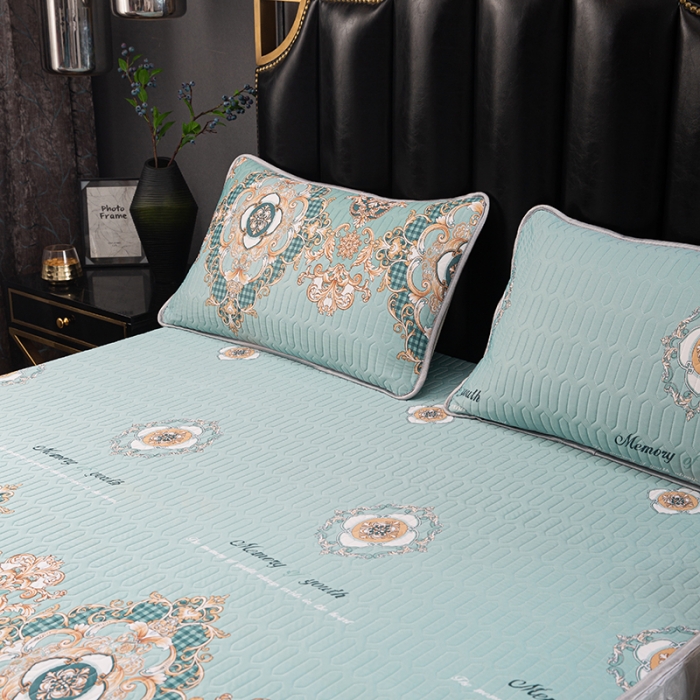 91家纺网 家纺一手货源 找家纺 纽缦家纺 2021新款凉感丝乳胶凉席可拆卸床裙款三件套 香榭之花绿