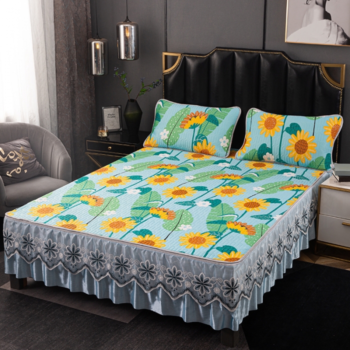 91家纺网 家纺一手货源 找家纺 纽缦家纺 2021新款凉感丝乳胶凉席可拆卸床裙款三件套 向日花开-绿