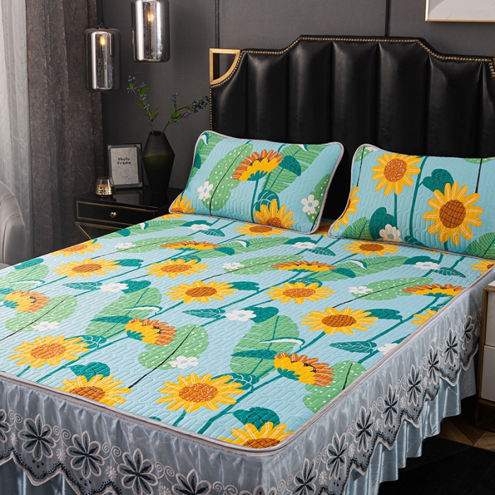 91家纺网 家纺一手货源 找家纺 纽缦家纺 2021新款凉感丝乳胶凉席可拆卸床裙款三件套 向日花开-绿