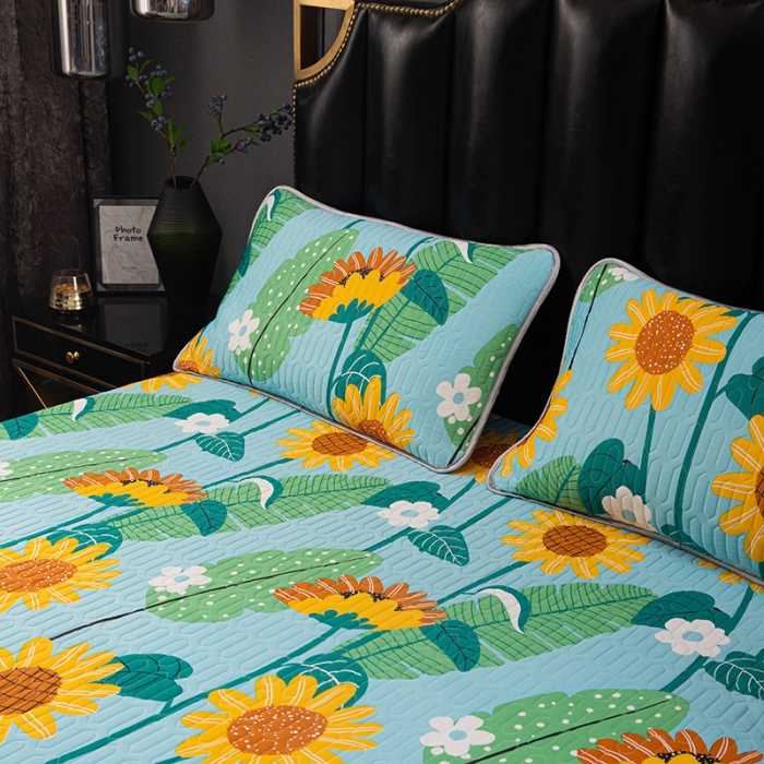 91家纺网 家纺一手货源 找家纺 纽缦家纺 2021新款凉感丝乳胶凉席可拆卸床裙款三件套 向日花开-绿