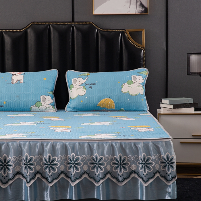 91家纺网 家纺一手货源 找家纺 纽缦家纺 2021新款凉感丝乳胶凉席可拆卸床裙款三件套 怡情小象-兰