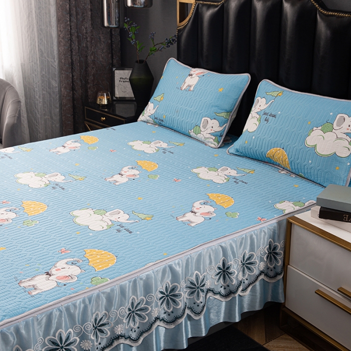 91家纺网 家纺一手货源 找家纺 纽缦家纺 2021新款凉感丝乳胶凉席可拆卸床裙款三件套 怡情小象-兰