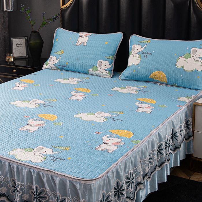 91家纺网 家纺一手货源 找家纺 纽缦家纺 2021新款凉感丝乳胶凉席可拆卸床裙款三件套 怡情小象-兰