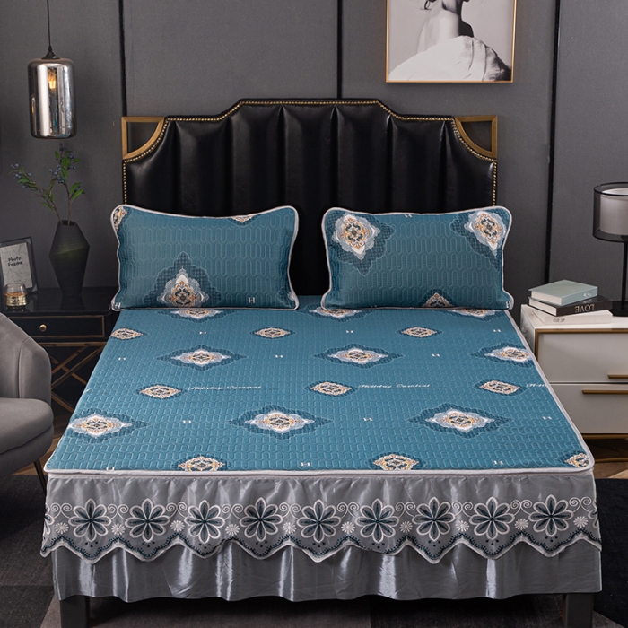 91家纺网 家纺一手货源 找家纺 纽缦家纺 2021新款凉感丝乳胶凉席可拆卸床裙款三件套 英伦风情（兰）