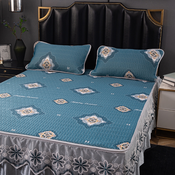 91家纺网 家纺一手货源 找家纺 纽缦家纺 2021新款凉感丝乳胶凉席可拆卸床裙款三件套 英伦风情（兰）