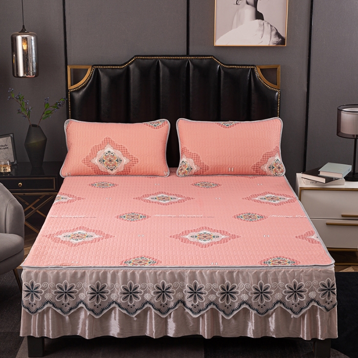 91家纺网 家纺一手货源 找家纺 纽缦家纺 2021新款凉感丝乳胶凉席可拆卸床裙款三件套 英伦风情-豆沙