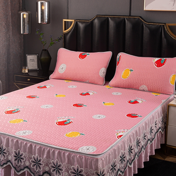 91家纺网 家纺一手货源 找家纺 纽缦家纺 2021新款凉感丝乳胶凉席可拆卸床裙款三件套 元气甜橙-红