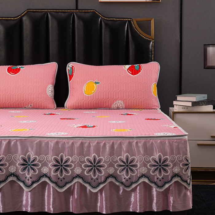 91家纺网 家纺一手货源 找家纺 纽缦家纺 2021新款凉感丝乳胶凉席可拆卸床裙款三件套 元气甜橙-红