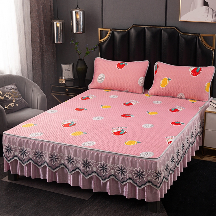 91家纺网 家纺一手货源 找家纺 纽缦家纺 2021新款凉感丝乳胶凉席可拆卸床裙款三件套 元气甜橙-红