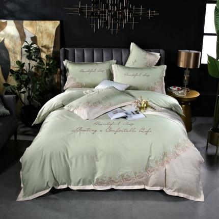 91家纺网 家纺一手货源 找家纺 星尚家纺2021新款100支长绒棉曼莎四件套 抹茶绿