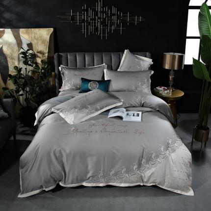 91家纺网 家纺一手货源 找家纺 星尚家纺2021新款100支长绒棉曼莎四件套 银灰