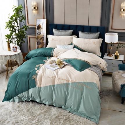 91家纺网 家纺一手货源 找家纺 星尚家纺 2021新款100支长绒棉叶韵四件套 翠绿