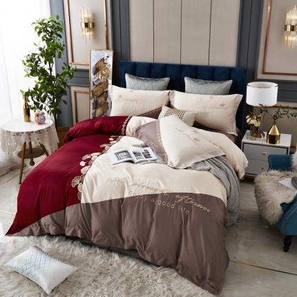 星尚家纺 2021新款100支长绒棉叶韵四件套 红灰