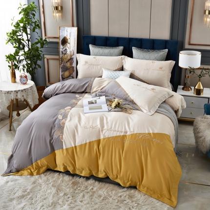 91家纺网 家纺一手货源 找家纺 星尚家纺 2021新款100支长绒棉叶韵四件套 姜黄