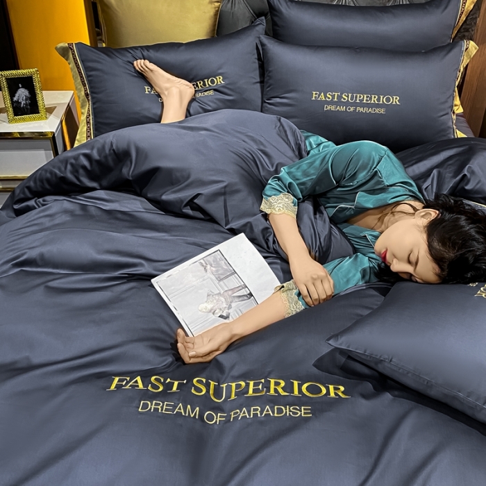 91家纺网 家纺一手货源 找家纺 ab家纺 2021新款40s全棉刺绣四件套黛蓝