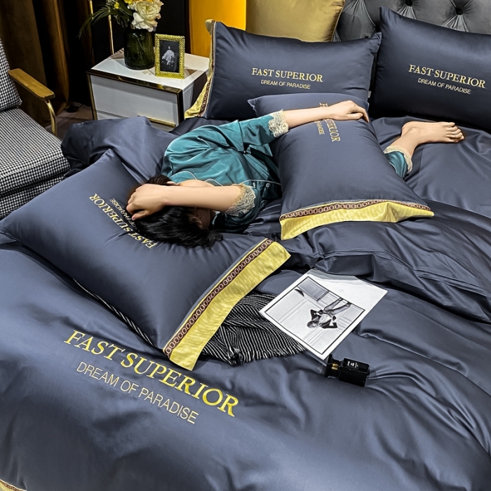 91家纺网 家纺一手货源 找家纺 ab家纺 2021新款40s全棉刺绣四件套黛蓝