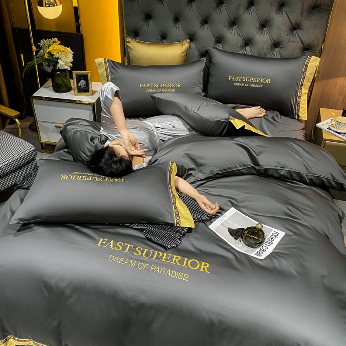 91家纺网 家纺一手货源 找家纺 ab家纺 2021新款40s全棉刺绣四件套高级灰