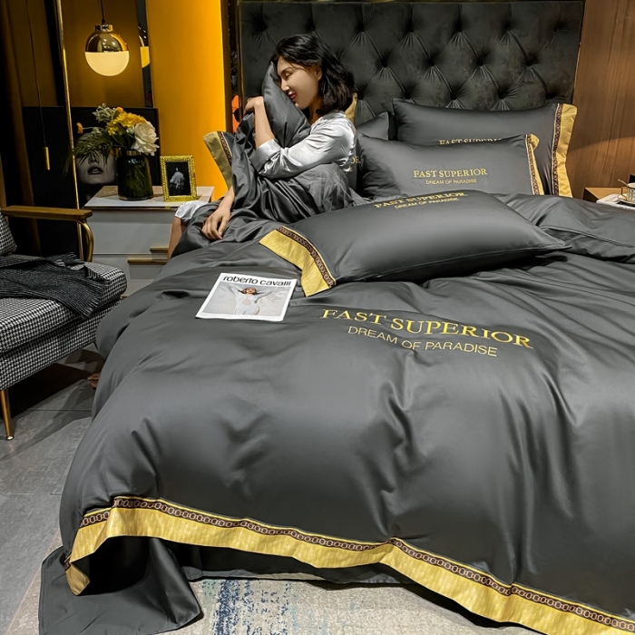 91家纺网 家纺一手货源 找家纺 ab家纺 2021新款40s全棉刺绣四件套高级灰