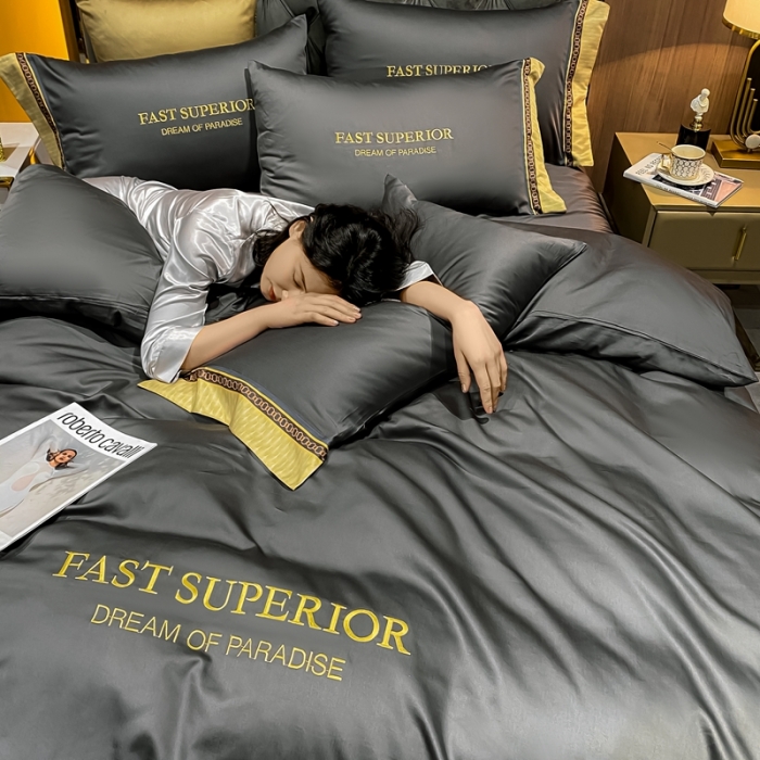 91家纺网 家纺一手货源 找家纺 ab家纺 2021新款40s全棉刺绣四件套高级灰