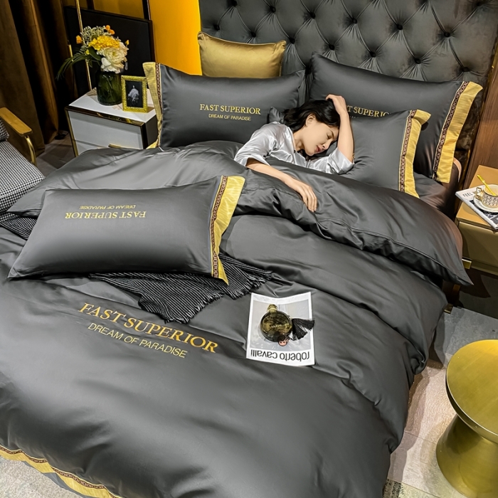 91家纺网 家纺一手货源 找家纺 ab家纺 2021新款40s全棉刺绣四件套高级灰