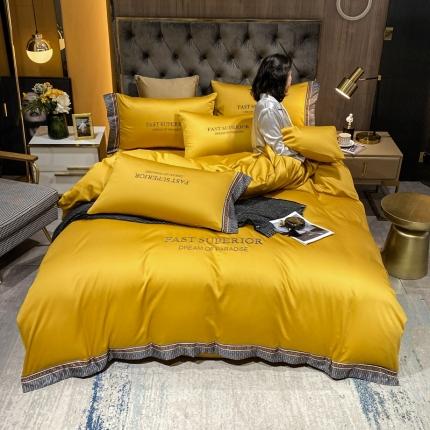 91家纺网 家纺一手货源 找家纺 ab家纺 2021新款40s全棉刺绣四件套姜黄