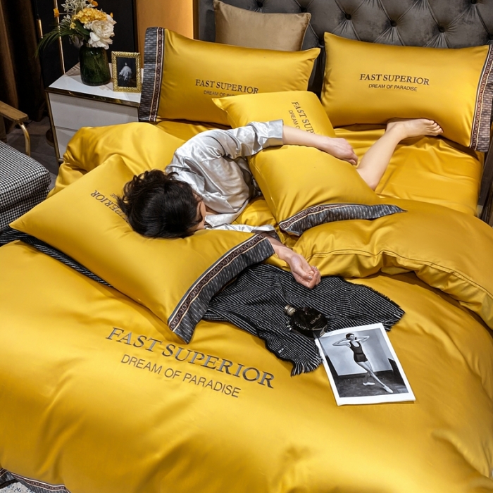 91家纺网 家纺一手货源 找家纺 ab家纺 2021新款40s全棉刺绣四件套姜黄