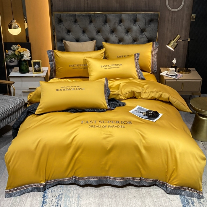 91家纺网 家纺一手货源 找家纺 ab家纺 2021新款40s全棉刺绣四件套姜黄