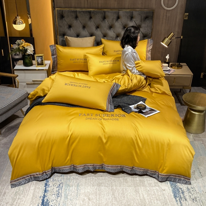 91家纺网 家纺一手货源 找家纺 ab家纺 2021新款40s全棉刺绣四件套姜黄