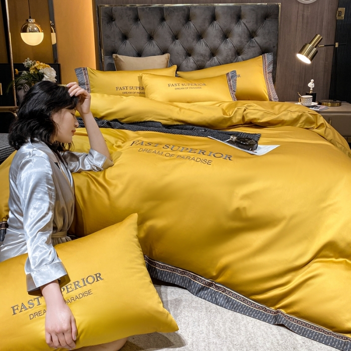 91家纺网 家纺一手货源 找家纺 ab家纺 2021新款40s全棉刺绣四件套姜黄