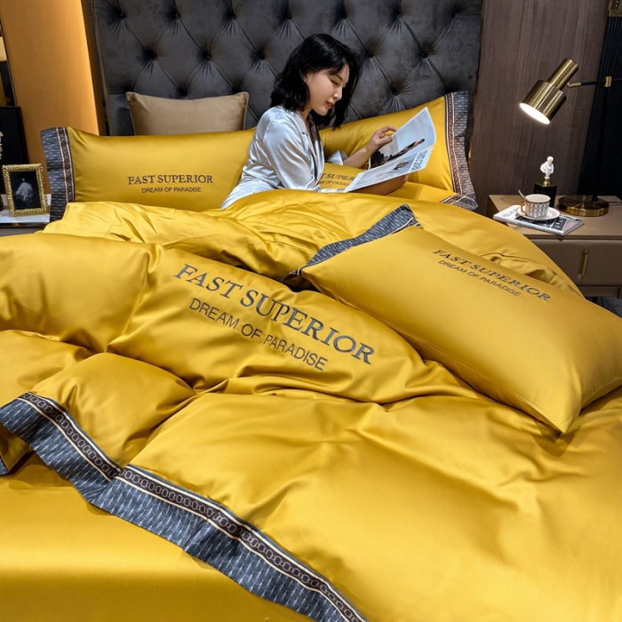 91家纺网 家纺一手货源 找家纺 ab家纺 2021新款40s全棉刺绣四件套姜黄