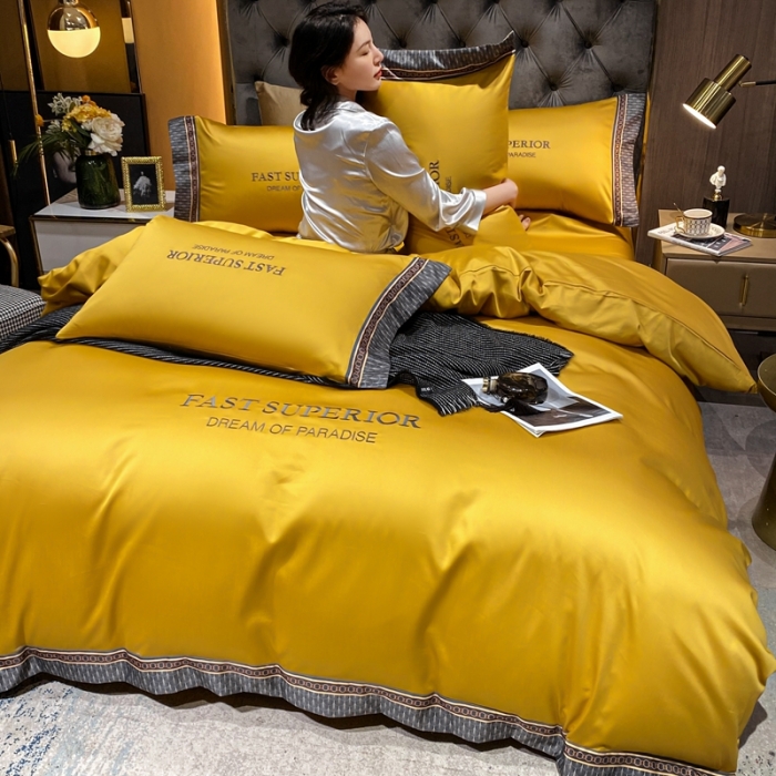 91家纺网 家纺一手货源 找家纺 ab家纺 2021新款40s全棉刺绣四件套姜黄