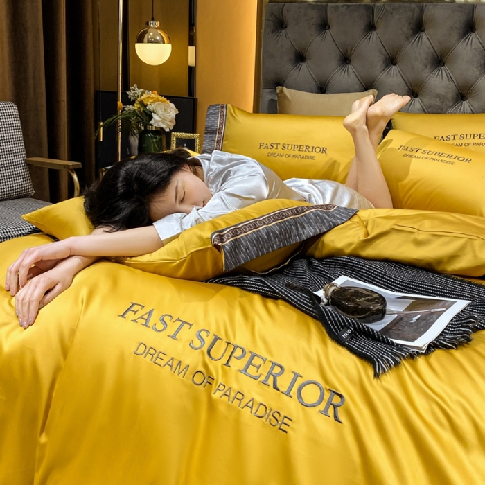 91家纺网 家纺一手货源 找家纺 ab家纺 2021新款40s全棉刺绣四件套姜黄