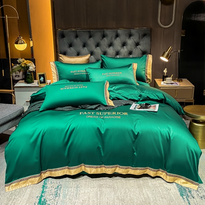 91家纺网 家纺一手货源 找家纺 ab家纺 2021新款40s全棉刺绣四件套墨绿