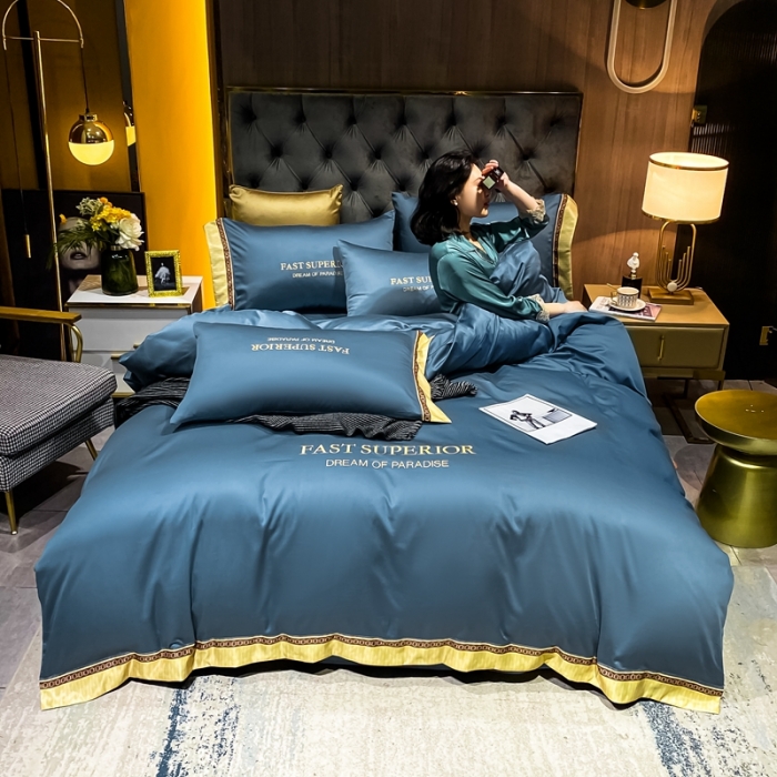 91家纺网 家纺一手货源 找家纺 ab家纺 2021新款40s全棉刺绣四件套时尚-宾利蓝