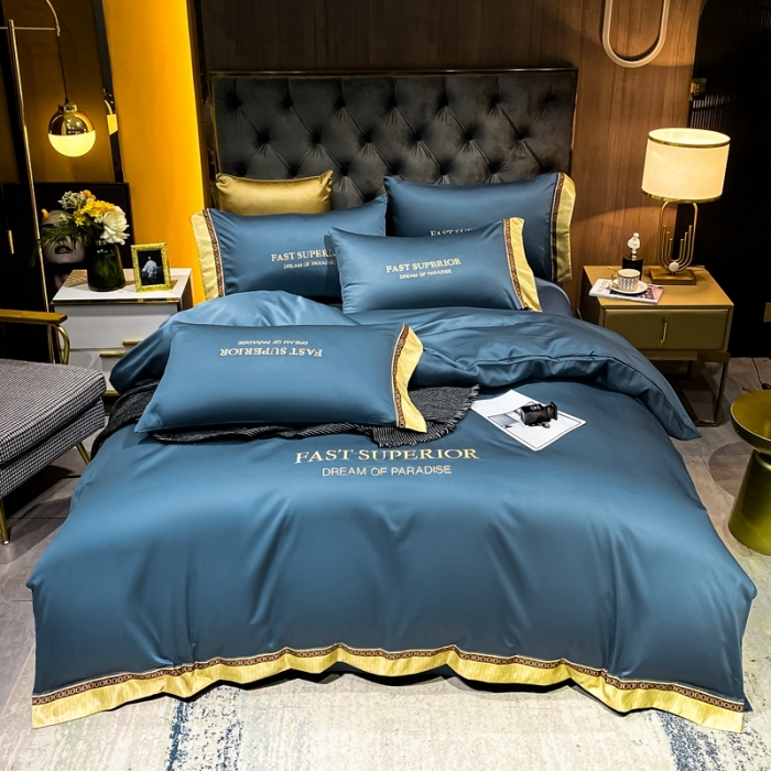 91家纺网 家纺一手货源 找家纺 ab家纺 2021新款40s全棉刺绣四件套时尚-宾利蓝