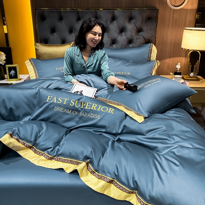 91家纺网 家纺一手货源 找家纺 ab家纺 2021新款40s全棉刺绣四件套时尚-宾利蓝