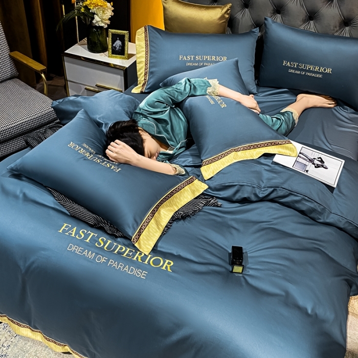 91家纺网 家纺一手货源 找家纺 ab家纺 2021新款40s全棉刺绣四件套时尚-宾利蓝