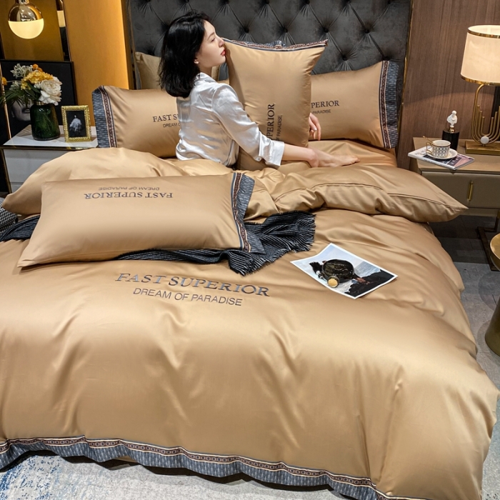 91家纺网 家纺一手货源 找家纺 ab家纺 2021新款40s全棉刺绣四件套香槟金