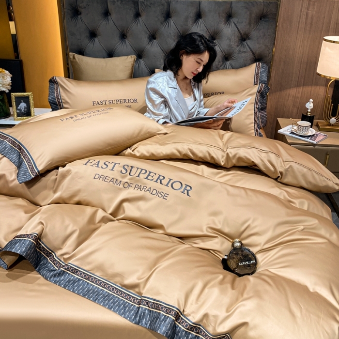 91家纺网 家纺一手货源 找家纺 ab家纺 2021新款40s全棉刺绣四件套香槟金