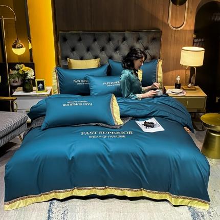 91家纺网 家纺一手货源 找家纺 ab家纺 2021新款40s全棉刺绣四件套月光蓝