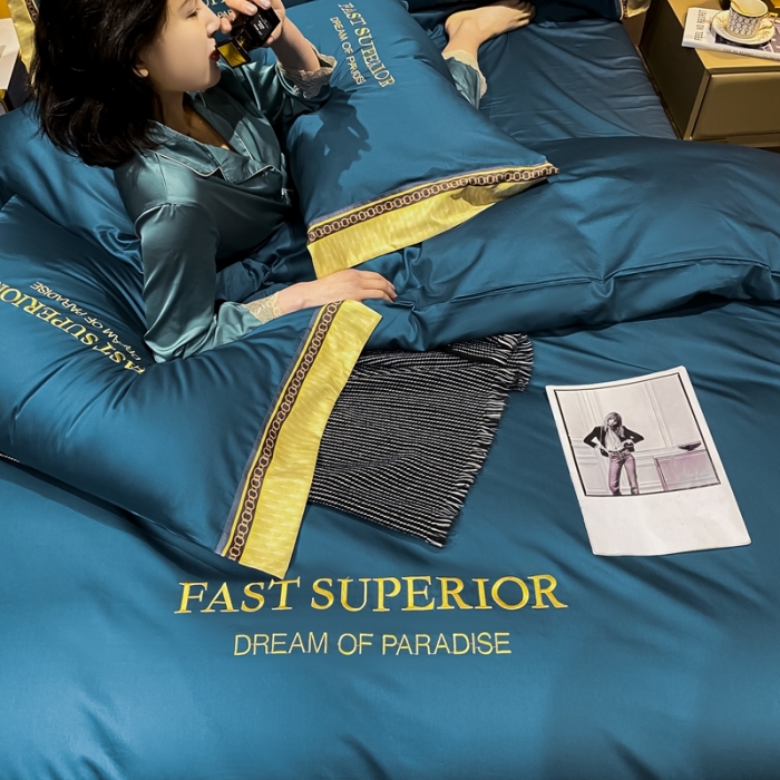 91家纺网 家纺一手货源 找家纺 ab家纺 2021新款40s全棉刺绣四件套月光蓝