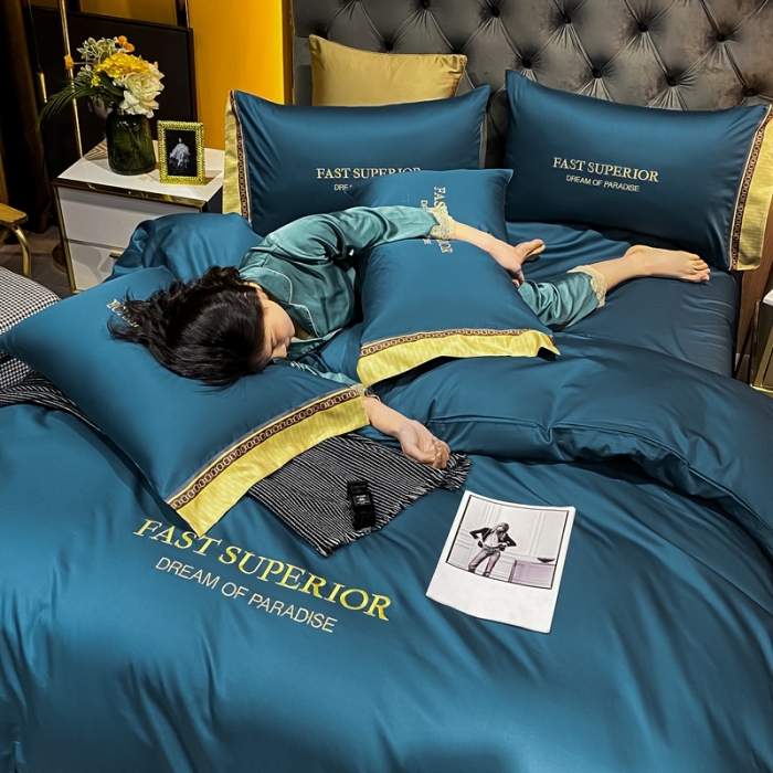 91家纺网 家纺一手货源 找家纺 ab家纺 2021新款40s全棉刺绣四件套月光蓝