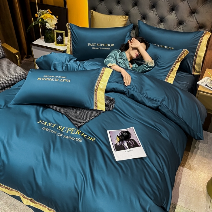 91家纺网 家纺一手货源 找家纺 ab家纺 2021新款40s全棉刺绣四件套月光蓝